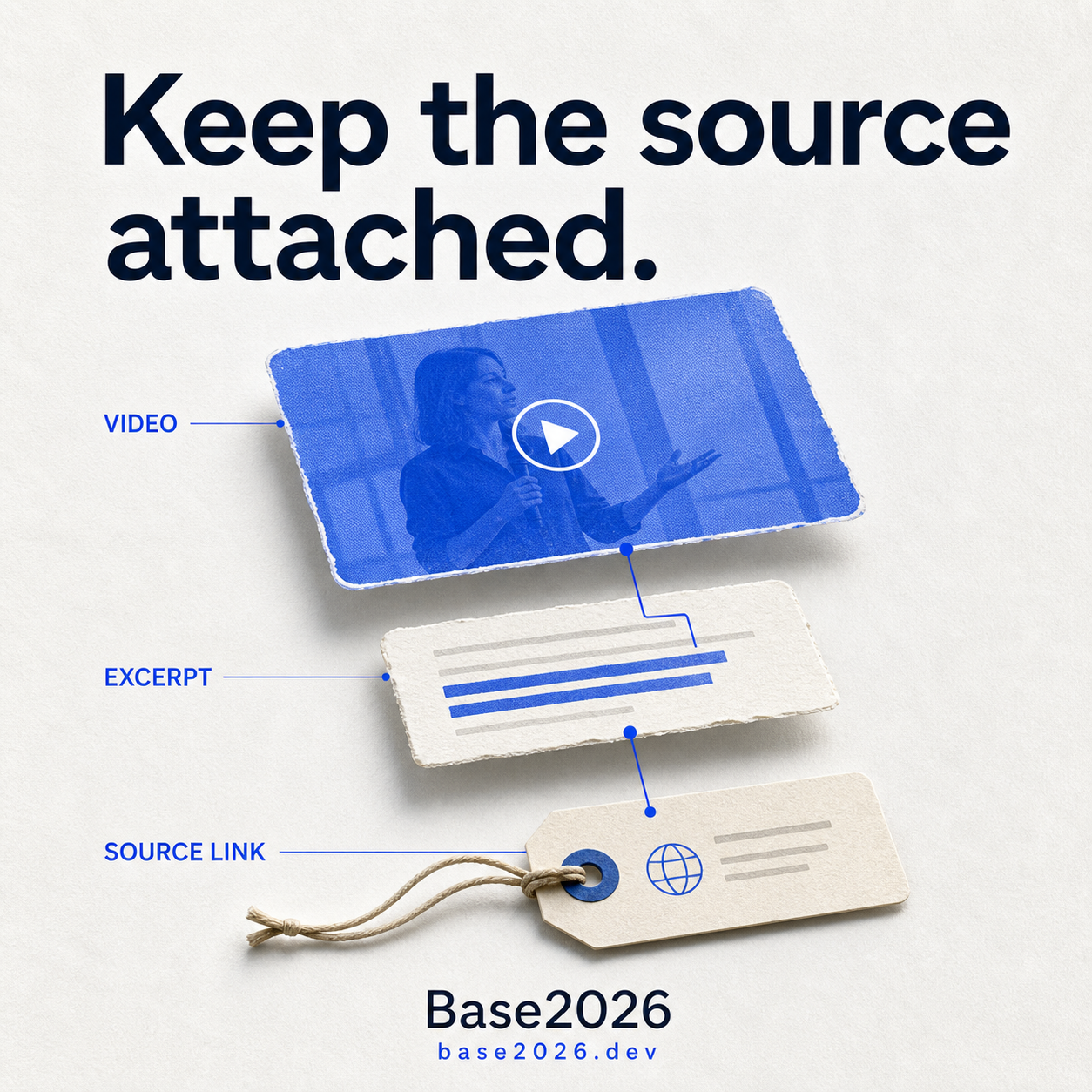 Blue-and-white evidence card showing video, excerpt and source-link labels.
